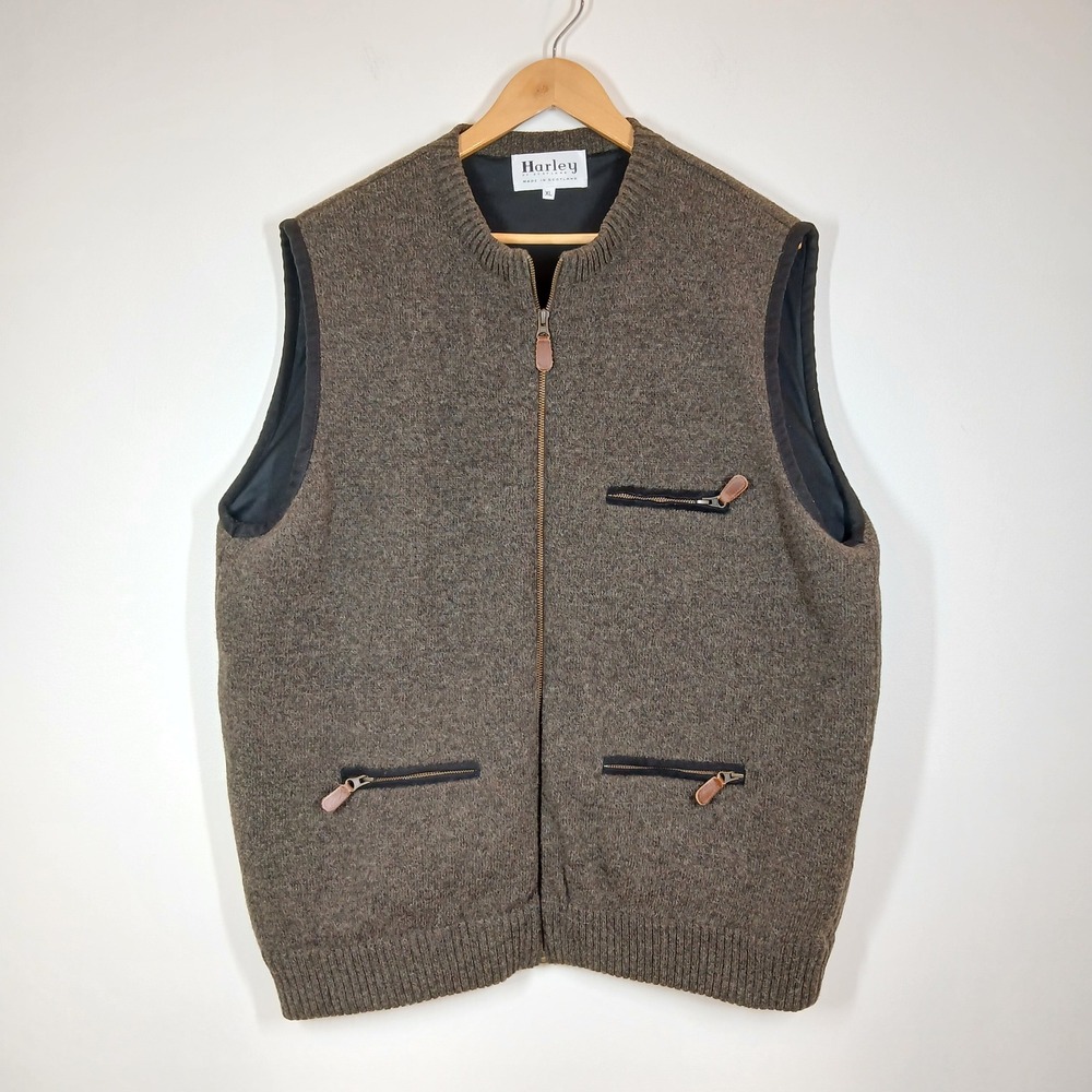 Harley of Scotland Mens XL Wool Full Zip Knit Vest Gilet Brown Made in Scotland